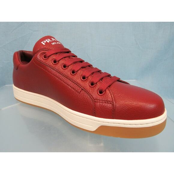 NIB PRADA 4E3507 RED TEXTURED LEATHER LACE UP LOGO LOW TOP SNEAKERS 7 US 8 - Picture 5 of 12